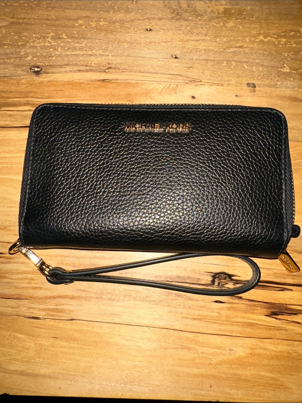 Michael Kors Black Pebbled Leather Wristlet Wallet with Gold Hardware